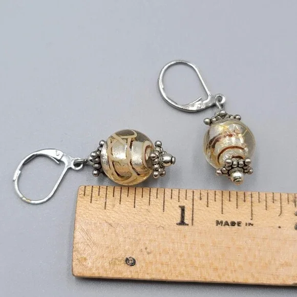 Yellow Swirl Glass Bead Pierced Earrings Silver tone Dangle 3/4" - Picture 9 of 9